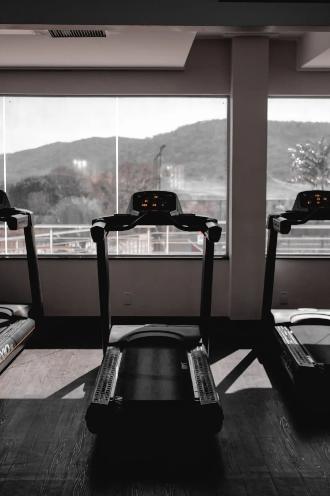 Row of treadmills facing a window with green hills outside