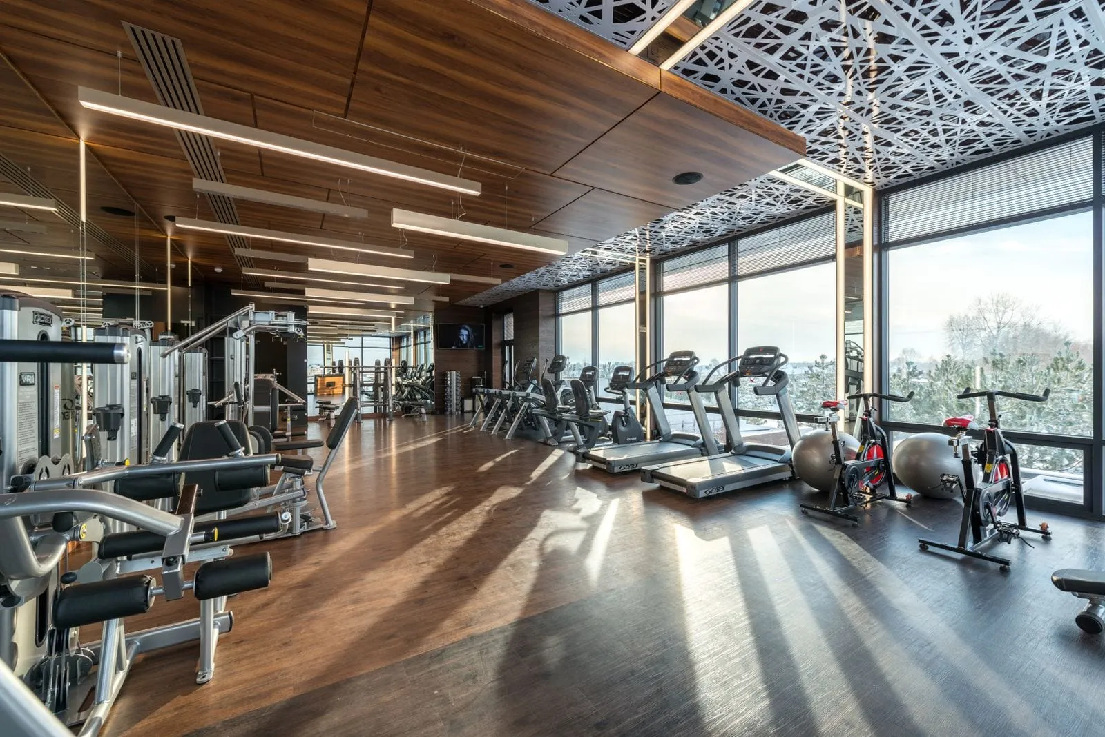Main gym floor with wooden floors and tall windows
