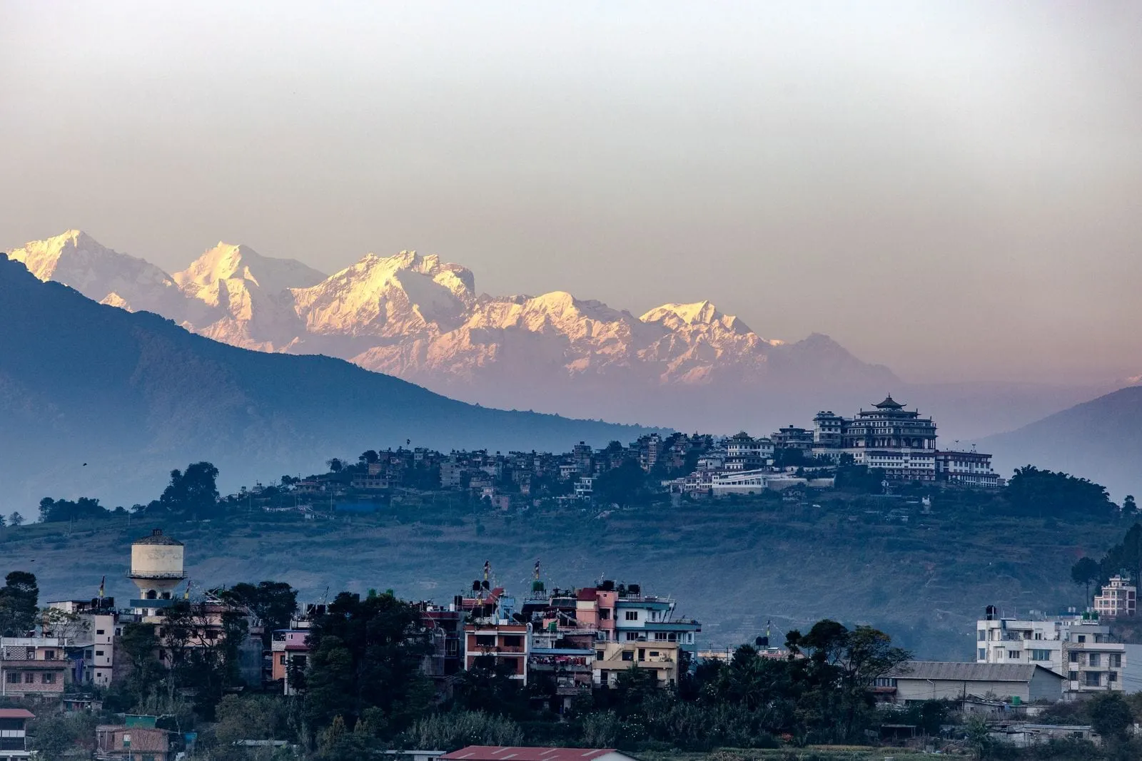 Kathmandu valley at dusk below the Himalaya