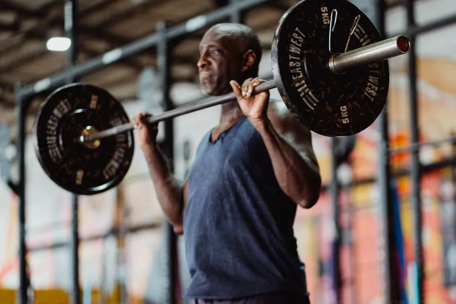 An older man holding a barbell at shoulder height during a strength training session in a gym