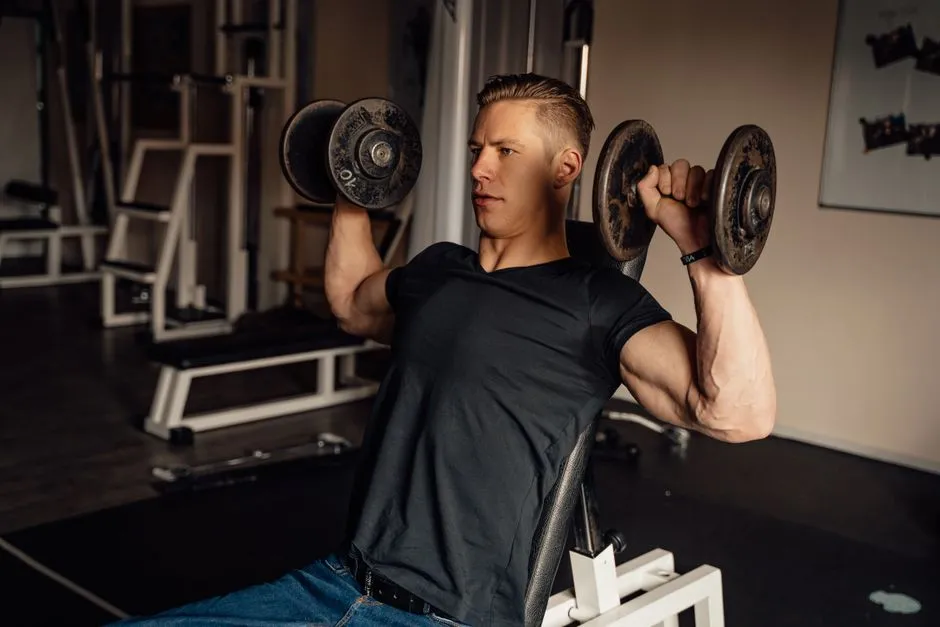 A man seated on a gym bench pressing two dumbbells up to shoulder height